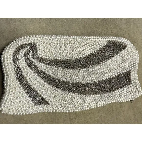 Antique Hand Beaded Pearl Evening Bag Cream Clutch w/Beaded Accents Zipper Close - Picture 6 of 11